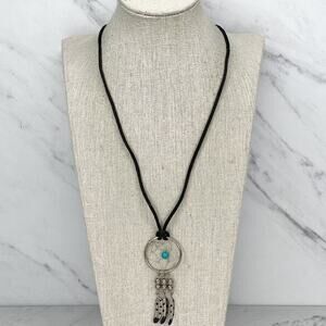 Faux Turquoise Beaded Dreamcatcher Pendant Black Cord Necklace